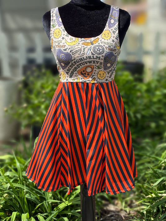Adult XS Vintage Ouija Board with Pumpkin Stripes Luna Dress