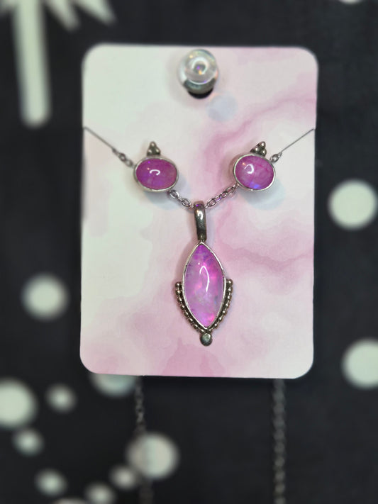 Pink Dyed Moonstone Necklace and Studs Set