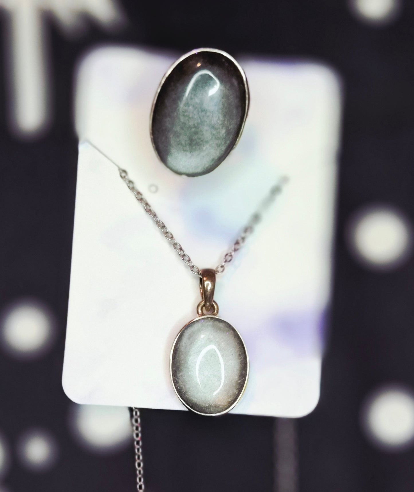 Silver Sheen Obsidian Necklace and Sz4-11 Adjustable Ring Set